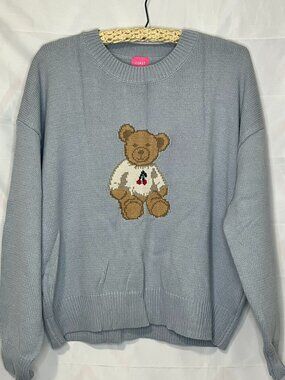 COAST Teddy Bear Cherry Sweater Light Blue crew neck knit Small coquette cute